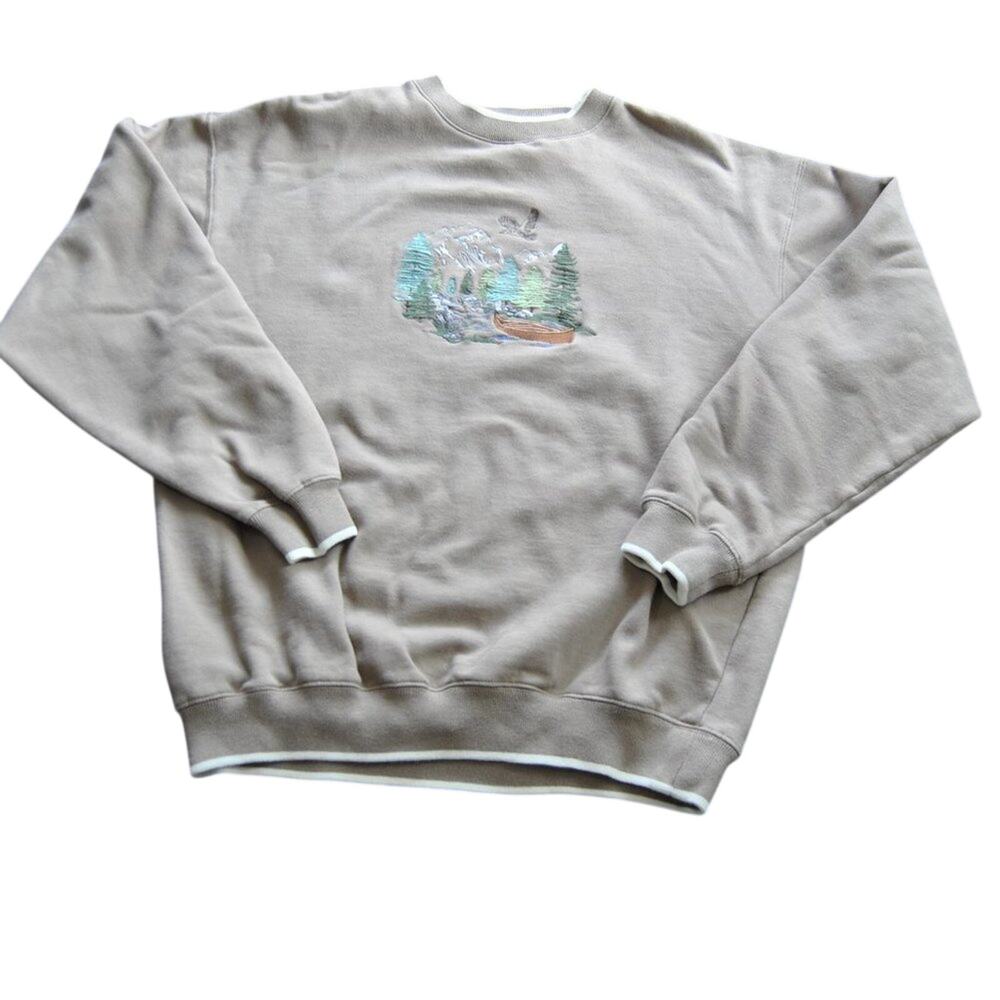 Tan Embroidered Nature Scene Crewneck Sweater Size: Large